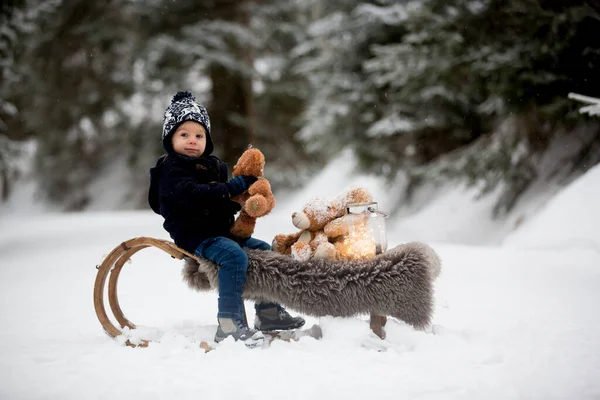 Χαριτωμένο Αγόρι Παίζει Αρκουδάκι Στο Χιόνι Χειμώνα Μικρό Νήπιο Παίζει — Φωτογραφία Αρχείου