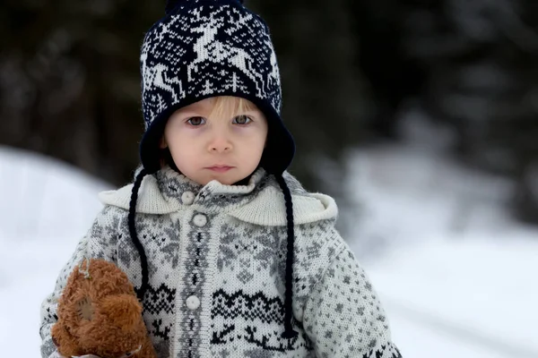 Leuke Jongen Die Met Teddybeer Speelt Sneeuw Winter Kleine Peuter — Stockfoto