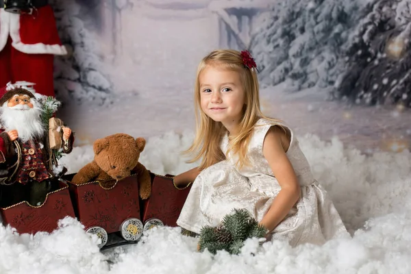 Sweet Little Girl Christmas Decorations Playing Snow — Stock Photo, Image