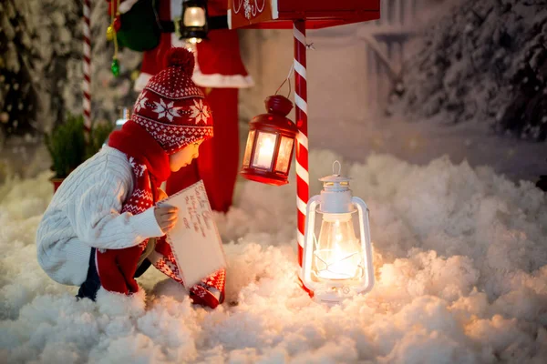 Little Child Toddler Boy Sending Letter Santa Christmas Mailbox Christmas — Stock Photo, Image