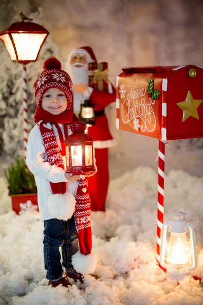 Little Child Toddler Boy Sending Letter Santa Christmas Mailbox Christmas — Stock Photo, Image