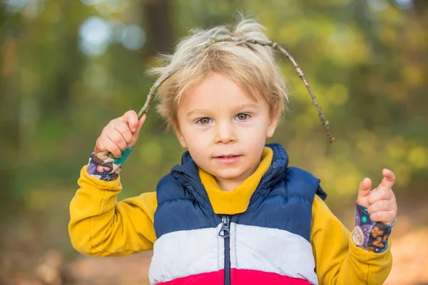 Schattig Peuter Kind Jongen Spelen Het Bos Zonnige Herfstdag — Stockfoto