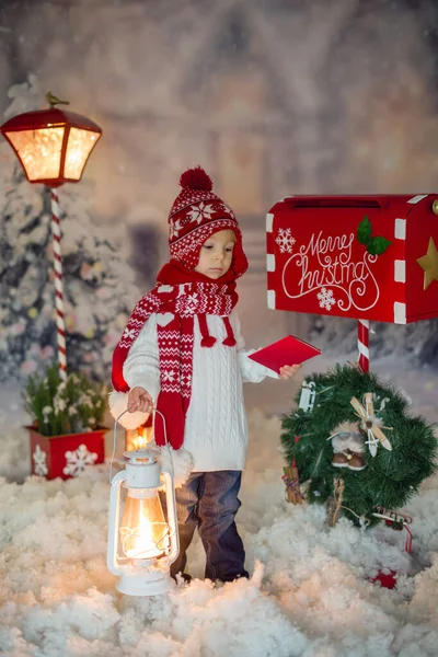 Little Child Toddler Boy Sending Letter Santa Christmas Mailbox Christmas — Stock Photo, Image