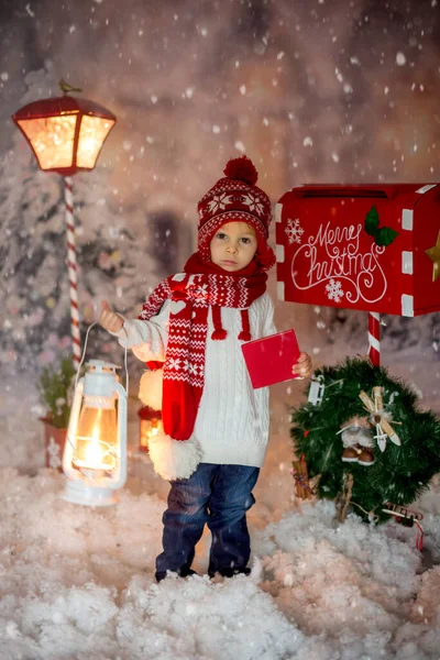 Little Child Toddler Boy Sending Letter Santa Christmas Mailbox Christmas — Stock Photo, Image