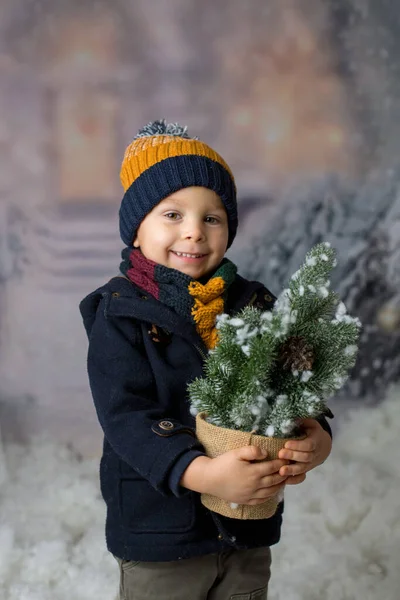 Peuter Kind Jongen Met Stijlvolle Kleding Met Kleine Kerstboom Sneeuw — Stockfoto