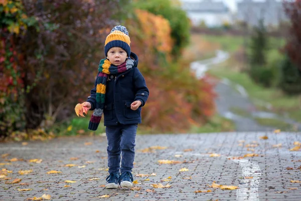 Süßes Kleines Blondes Kind Netter Junge Der Einem Regnerischen Tag — Stockfoto