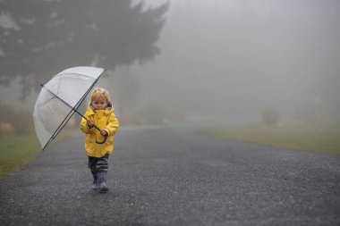 Şirin sarışın çocuk, evlat, kırsal bir yolda sisli bir sonbahar gününde yağmurda şemsiyeyle oynuyor.
