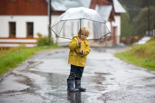 Мила Блондинка Малюк Хлопчик Грає Під Дощем Парасолькою Туманний Осінній — стокове фото