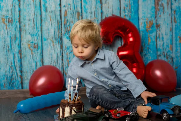 Sweet Blond Toddler Child Boy Playing His Birhtday Toys Little — Stock Photo, Image