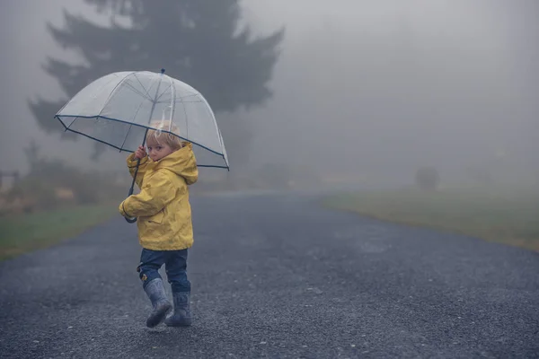 Niedliches Blondes Kleinkind Junge Spielt Regen Mit Regenschirm Einem Nebligen — Stockfoto