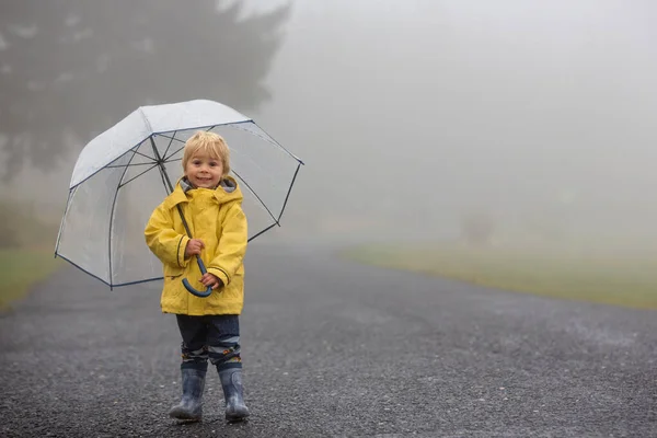 Cute Pirang Balita Anak Anak Laki Laki Bermain Hujan Dengan — Stok Foto