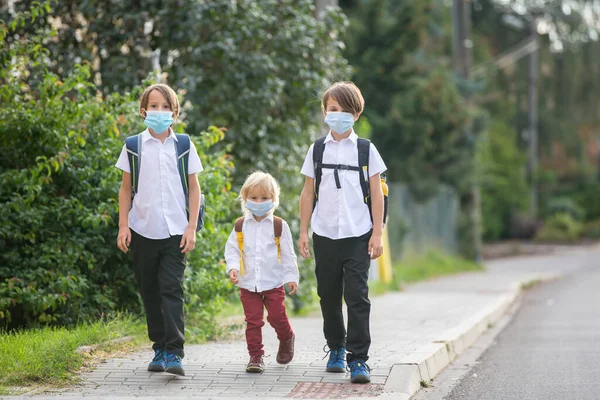 School Children Boys Going Back School Summer Vacation Kids Going — Stock Photo, Image