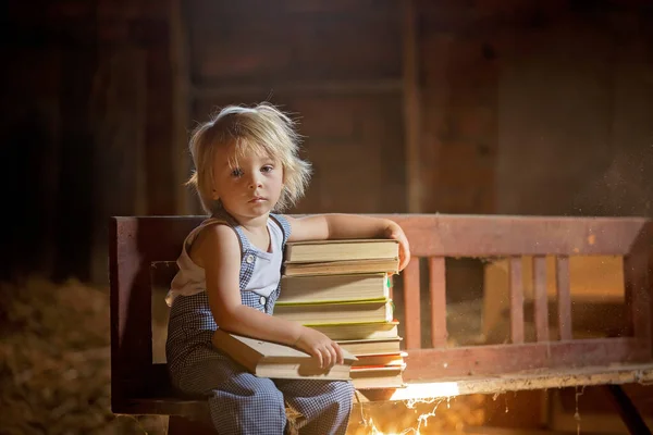 Liten Småbarn Pojke Sitter Gamla Vintage Bänk Håller Många Böcker — Stockfoto