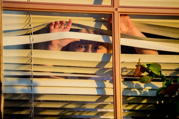 Kind Kleinkind Blick Durch Fenster Nach Draußen — Stockfoto