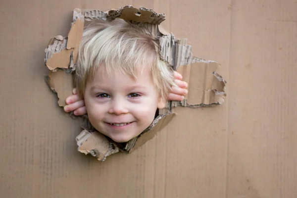 Süßes Kleinkind Süßer Blonder Junge Versteckt Pappschachtel Schaut Aus Einem — Stockfoto