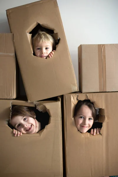 Dulces Niños Hermanos Escondidos Una Caja Cartón Mirando Hacia Afuera — Foto de Stock