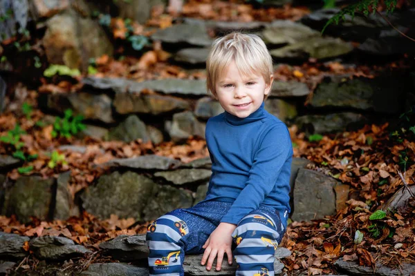 Bambino Carino Seduto Sulle Scale Giocando Con Foglie Autunnale — Foto Stock