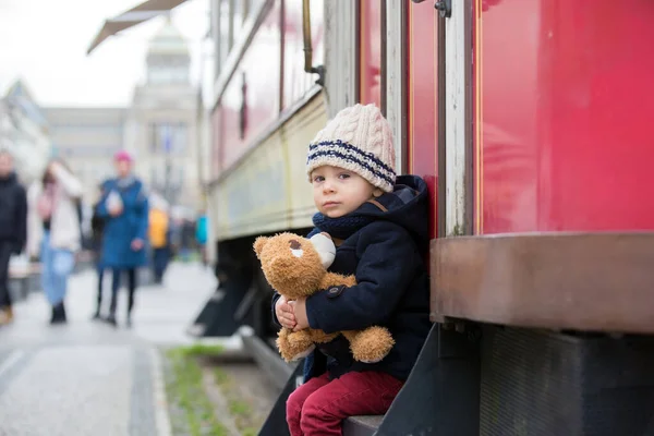 Модний Маленький Хлопчик Іграшкою Плюшевого Ведмедя Центрі Міста Різдвяний Час — стокове фото