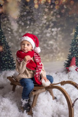 Tatlı sarışın çocuk, dışarıda karda kızakla oynuyor.