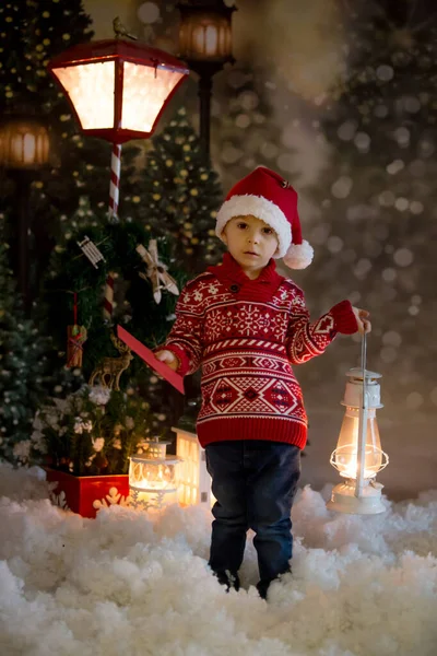 Sweet Toddler Blond Boy Red Sweater Holding Lantern Forest Christmas — Stock Photo, Image