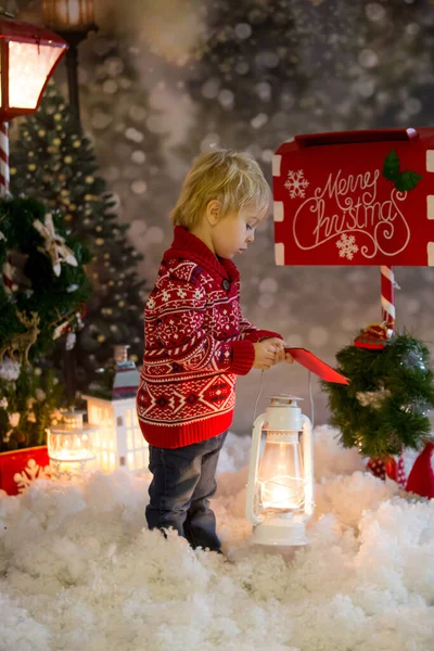 Sweet Toddler Blond Boy Red Sweater Holding Lantern Forest Christmas — Stock Photo, Image