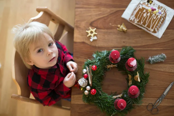 Little Cute Blonde Toddler Boy Making Advent Wreath Home Decorating — Stock Photo, Image