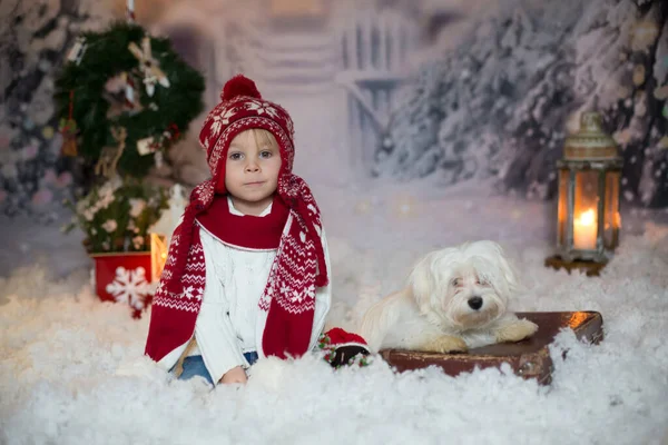 Ξανθό Νήπιο Χριστουγεννιάτικα Ρούχα Περπάτημα Στο Χιόνι Παιχνίδι Πλεκτό Παιχνίδι — Φωτογραφία Αρχείου