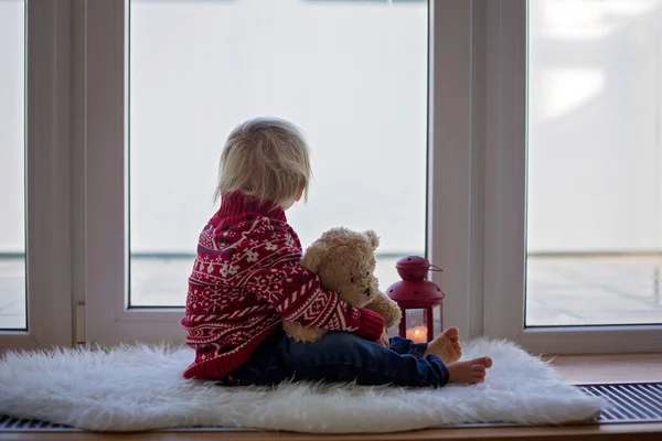 Sweet Blonde Child Boy Sitting Window Shield Teddy Bear Friend — Stock Photo, Image