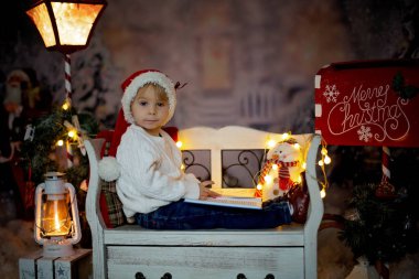 Güzel bir çocuk, sarışın bir çocuk, kitap okuyor, bir bankta oturuyor, etrafında Noel süslemeleri var.