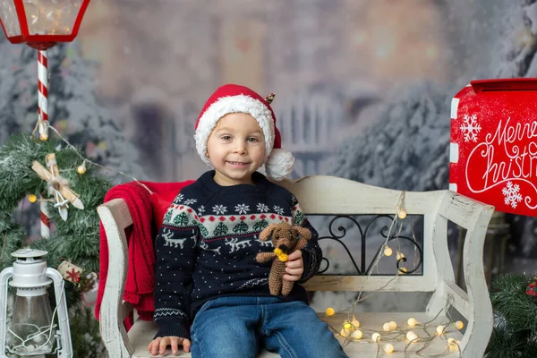 Beautiful Child Blond Toddler Boy Holding Knitted Toy Smiling Camera — Fotografia de Stock