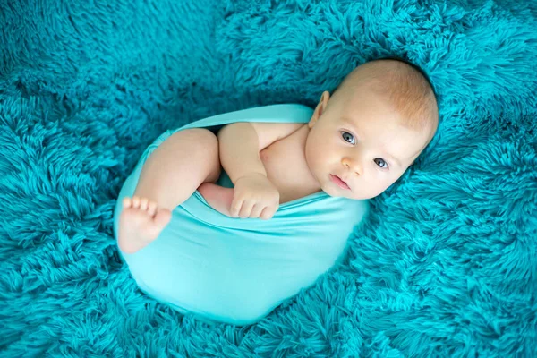 Cute Three Months Old Baby Boy Blue Wrap Lying Blue — Stock Photo, Image