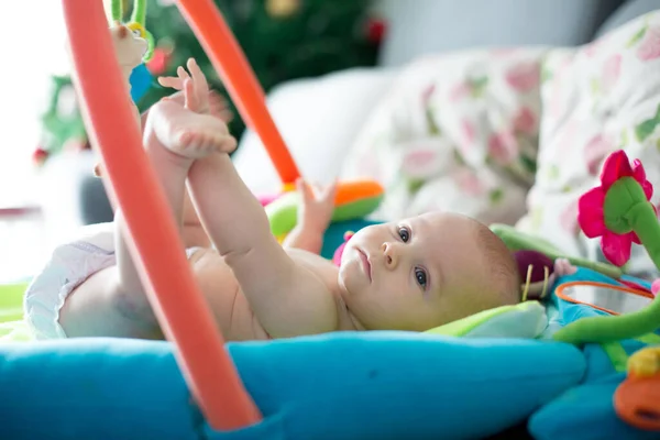 Little Baby Boy Playing Colorful Toys Home Newborn Baby Activity — Stock Photo, Image