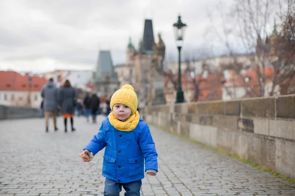 かわいい子供 家族のいる男の子 チャールズ橋の冬のプラハで散歩をしている — ストック写真