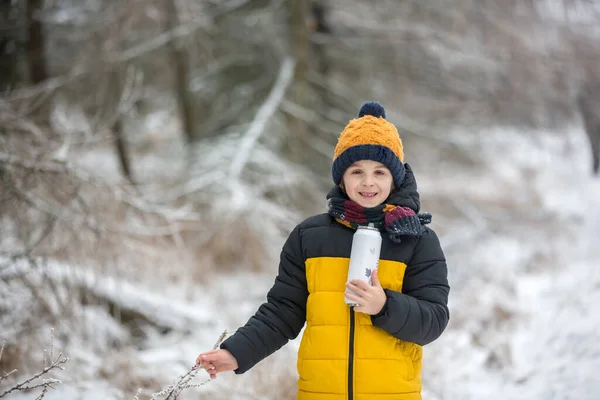 Söta Barn Leka Vinterskogen Kall Snöig Dag — Stockfoto