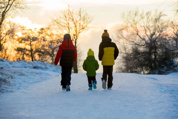 Schöne Menschen Kinder Genießen Den Wintersonnenuntergang Den Bergen Einem Kalten — Stockfoto