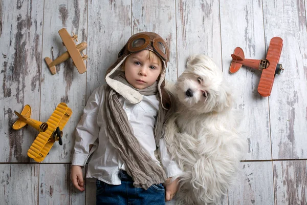 Toddler child and dog, boy and puppy playing together at home, studio shot