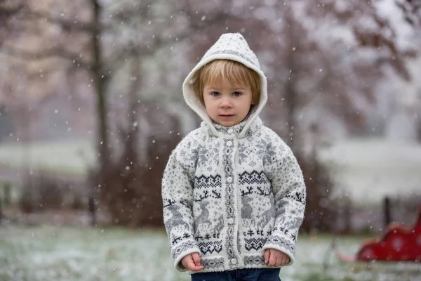 Hermoso Niño Rubio Niño Con Suéter Punto Hecho Mano Jugando —  Fotos de Stock