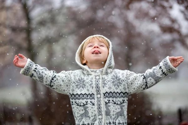 漂亮的金发碧眼的小孩 穿着手工缝制的毛衣 在公园里玩着初雪 享受着 — 图库照片