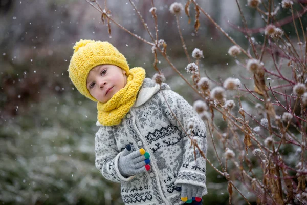 Schöne Blonde Kleinkind Junge Mit Handgestrickten Pullover Spielen Park Mit — Stockfoto