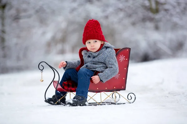 Όμορφο Μικρό Παιδί Χαριτωμένο Αγόρι Παίζει Χιονισμένο Πάρκο Χειμώνα Συννεφιασμένη — Φωτογραφία Αρχείου