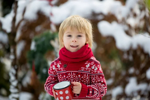 Lief Blond Peuter Kind Jongen Spelen Tuin Met Sneeuw Maken — Stockfoto