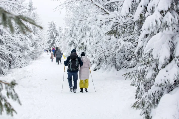Människor Vandring Snöiga Berg Vinter — Stockfoto