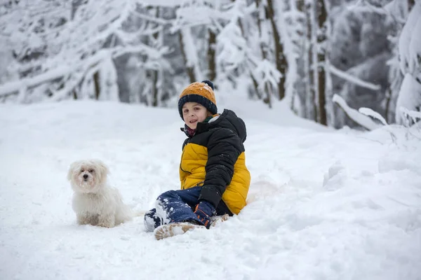 Słodkie Szczęśliwe Dziecko Białym Szczeniakiem Bawiące Się Głębokim Śniegu Lesie — Zdjęcie stockowe