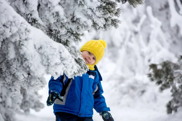 Dolce Bambino Felice Giocando Nella Neve Profonda Nella Foresta — Foto Stock