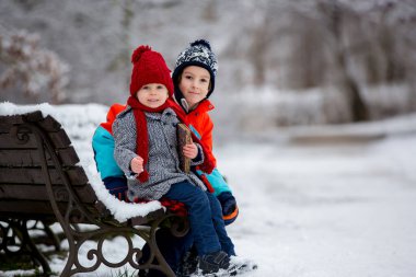 Güzel çocuk, tatlı çocuk, karlı parkta kış vakti oynayan, bulutlu bir gün.