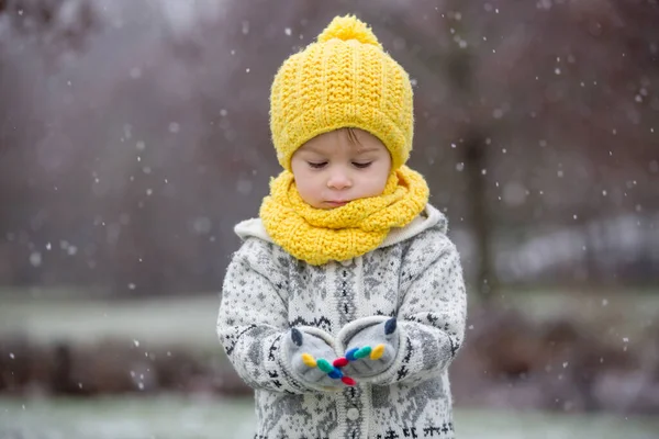 漂亮的金发碧眼的小孩 穿着手工缝制的毛衣 在公园里玩着初雪 享受着 — 图库照片