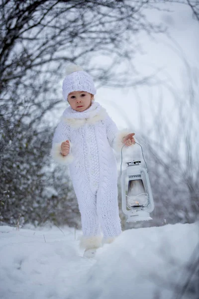 Маленький Ребенок Мальчик Белой Вязаной Ручной Работой Держащий Дорожку Снегу — стоковое фото