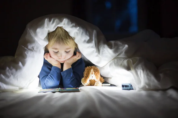 可爱的金发碧眼的小孩儿 可爱的小孩儿 躺在床上的羽绒被下 正在看书 旁边有一个小玩具 — 图库照片