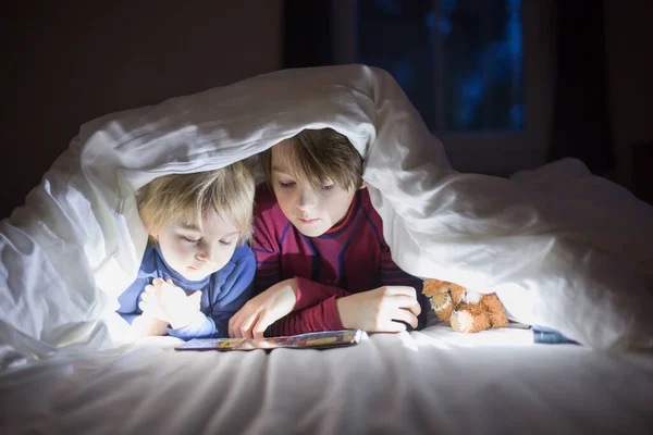 Schattige Blonde Peuter Kind Oudere Broer Leuke Jongens Het Lezen — Stockfoto