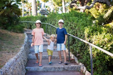 Fransa 'da küçük bir patikada yürüyen çocuklar açık havada oynuyorlar.